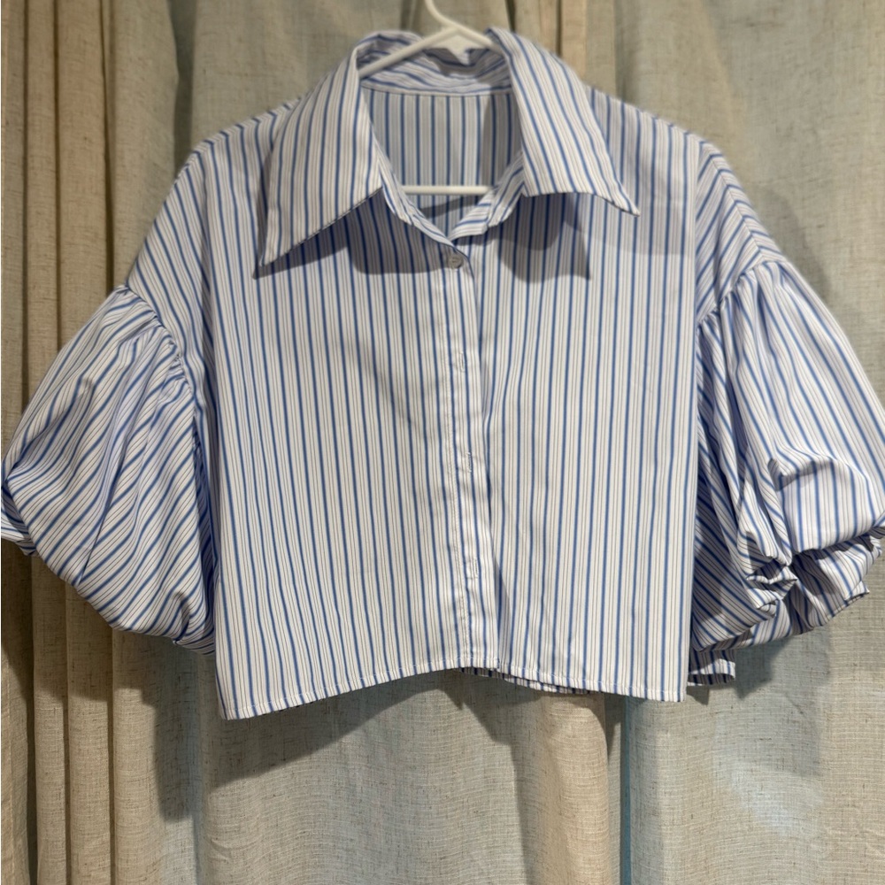 Striped Blue and White Puff Sleeve Crop Top